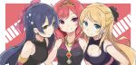  3girls ayase_eli bangs blonde_hair blue_eyes blue_hair blush closed_mouth commentary_request dress earrings elbow_gloves eyebrows_visible_through_hair gloves hair_between_eyes jewelry long_hair looking_at_viewer love_live! love_live!_school_idol_project multiple_girls nishikino_maki purple_eyes red_hair simple_background smile soldier_game sonoda_umi tiara totoki86 