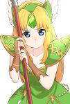  1girl angry blonde_hair blue_eyes blush bridal_gauntlets dress forehead_jewel green_dress helmet highres long_hair looking_at_viewer low-tied_long_hair pauldrons polearm riesz seiken_densetsu seiken_densetsu_3 solo spear very_long_hair weapon winged_helmet yuki_arare 