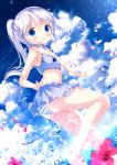  1girl :d ass bangs bare_arms bare_legs bare_shoulders barefoot bikini bikini_skirt blue_bikini_top blue_eyes blue_sky blurry blurry_foreground blush breasts chinomaron cloud cloudy_sky commentary_request day depth_of_field dutch_angle eyebrows_visible_through_hair flower gochuumon_wa_usagi_desu_ka? hair_between_eyes hair_ornament high_ponytail highres kafuu_chino long_hair open_mouth outdoors petals ponytail red_flower sailor_bikini sailor_collar sidelocks sky small_breasts smile solo splashing standing standing_on_one_leg striped striped_bikini_bottom swimsuit water white_hair white_sailor_collar x_hair_ornament 