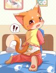  2019 alternate_version_at_source ambiguous_gender anthro better_version_at_source blush bodily_fluids bottomwear clothed clothing cub felid feline fur mammal mei_(artist) open_mouth pajamas shy young 