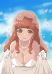  1girl absurdres bare_shoulders blush breasts brown_eyes brown_hair cherry_blossoms cleavage collarbone dress girls_und_panzer highres jewelry large_breasts long_hair looking_at_viewer necklace pearl_necklace smile solo takebe_saori veil wedding_dress white_dress yabai_gorilla 