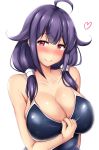  1girl ahoge blush breasts collarbone hair_flaps heart heart-shaped_pupils highres kantai_collection large_breasts long_hair looking_at_viewer low_twintails one-piece_swimsuit purple_hair purple_swimsuit red_eyes simple_background smile solo swimsuit swimsuit_tug symbol-shaped_pupils taigei_(kantai_collection) terakoya twintails upper_body white_background 