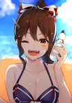  1girl adapted_costume ashigara_(kantai_collection) beach bikini blue_sky bottle breasts brown_eyes brown_hair cleavage cloud day hairband horizon kantai_collection large_breasts long_hair looking_at_viewer mitamgr ocean open_mouth outdoors purple_bikini sky smile solo sweater swimsuit teeth upper_body wavy_hair 