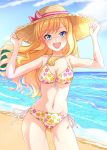  1girl bare_arms bare_shoulders beach bikini blonde_hair blue_eyes blush bow breasts cleavage cloud commentary_request day eyebrows_visible_through_hair hat hat_bow idolmaster idolmaster_cinderella_girls idolmaster_cinderella_girls_starlight_stage long_hair looking_at_viewer namidako navel ootsuki_yui open_mouth outdoors pink_bow smile solo swimsuit water 