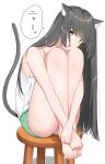  1girl animal_ear_fluff animal_ears black_hair breasts cat_ears cat_tail eyebrows_visible_through_hair eyes_visible_through_hair fang full_body green_panties hands_together head_on_knees highres knees_up legs_together long_hair looking_at_viewer no_pants open_mouth original panties shiny shiny_skin shirt simple_background sitting solo speech_bubble stool straight_hair suzuharu_toufu tail translated underwear very_long_hair white_background white_shirt yellow_eyes 