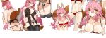  1girl :3 absurdres animal_ear_fluff animal_ears ass black_bra black_legwear black_panties blush bra breasts cleavage closed_mouth commentary commentary_request eyebrows_visible_through_hair fate/extra fate/grand_order fate_(series) fox_ears fox_girl fox_tail groin highres kou_mashiro large_breasts long_hair looking_at_viewer looking_back panties pink_hair red_bra red_panties simple_background solo standing string tail tamamo_(fate)_(all) tamamo_no_mae_(fate) thighhighs underboob underwear underwear_only white_background yellow_eyes 
