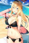  1girl bare_shoulders beach beach_umbrella bikini black_bikini black_choker blonde_hair blue_eyes blue_sky braid breasts choker cleavage cloud collarbone commentary_request cowboy_shot day french_braid front-tie_bikini front-tie_top groin hairband halterneck hand_up highres jacket kantai_collection large_breasts long_hair long_sleeves looking_at_viewer navel ocean off_shoulder open_clothes open_jacket outdoors pallad parted_lips pink_jacket side-tie_bikini sky smile solo standing stomach swimsuit umbrella warspite_(kantai_collection) water 