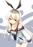  1girl :p alternate_costume black_hairband blonde_hair blue_swimsuit breasts centi_mnkt collarbone cosplay covered_navel eyebrows_visible_through_hair grey_eyes hair_between_eyes hairband highres jacket kantai_collection long_hair long_sleeves looking_at_viewer name_tag old_school_swimsuit one-piece_swimsuit school_swimsuit shimakaze_(kantai_collection) small_breasts smile solo swimsuit swimsuit_under_clothes tongue tongue_out track_jacket wave_print white_background white_jacket yukikaze_(kantai_collection) yukikaze_(kantai_collection)_(cosplay) 