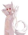  1girl animal_ears bangs bow bow_bra bra collarbone collared_shirt eyebrows_visible_through_hair flat_chest fox_ears fox_tail hair_tie_in_mouth highres holding long_hair long_sleeves looking_at_viewer mouth_hold nagishiro_mito navel original panties red_eyes scrunchie see-through shirt simple_background solo standing tail thighs tying_hair underwear white_background white_bra white_hair white_panties white_tail 
