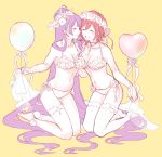  2girls :d absurdly_long_hair barefoot breasts cleavage closed_eyes earrings flower grin hair_flower hair_ornament hair_ribbon head_wreath heart_balloon holding_balloon jewelry kaname_buccaneer long_hair macross macross_delta medium_breasts medium_hair mikumo_guynemer multiple_girls open_mouth panties purple_hair red_hair ribbon shimatani_azu shiny shiny_hair side-tie_panties simple_background smile soles thighhighs tied_hair underwear underwear_only very_long_hair white_flower white_legwear white_ribbon yellow_background yuri 