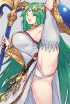  1girl bare_shoulders blush breasts dress green_eyes green_hair highres jewelry kid_icarus large_breasts long_hair looking_at_viewer negresco open_mouth palutena panties sandals simple_background single_thighhigh smile solo spread_legs super_smash_bros. thighhighs tiara underwear very_long_hair wings 