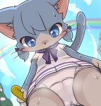  2019 alternate_version_at_source anthro big_ears blue_eyes blush bodily_fluids capi_(cat_busters) cat_busters clothed clothing cub felid feline felis female fur hair looking_down mammal mei_(artist) panties simple_background smile solo underwear young 
