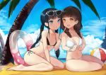  2girls absurdres bada_(jksh5056) ball bangle bangs bare_arms bare_legs bare_shoulders barefoot beachball bikini black_bikini black_hair blue_eyes blue_sky blush bracelet braid breasts brown_hair cleavage cloud commentary day english_commentary eyebrows_visible_through_hair eyewear_on_head finger_to_cheek grin hair_over_shoulder highres horizon innertube jewelry leaning_forward long_hair medium_breasts multiple_girls navel open_mouth original outdoors palm_tree short_eyebrows side-tie_bikini sidelocks sitting sky small_breasts smile sunglasses swimsuit thick_eyebrows transparent tree twin_braids twintails very_long_hair wariza water white-framed_eyewear white_bikini yellow_eyes yokozuwari 