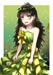  1girl blush brown_hair collarbone dress evening_gown flower getsuyoubi green_dress green_eyes highres hiyajou_maho layered_dress long_hair open_mouth rose shiny shiny_hair sleeveless sleeveless_dress solo standing steins;gate steins;gate_0 sweatdrop very_long_hair wavy_mouth yellow_flower yellow_rose 