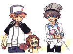  2boys 2girls animal_costume artoria_pendragon_(all) baseball_cap beanie biting blood blue_bow boned_meat bow cable_knit capsule_servant chibi cosplay emiya_shirou fate/grand_order fate/stay_night fate_(series) food fou_(fate/grand_order) fou_(fate/grand_order)_(cosplay) gashapon green_eyes grey_headwear hair_over_one_eye hat jacket kigurumi lavender_hair lion_costume mash_kyrielight meat multiple_boys multiple_girls nabenko open_clothes open_jacket orange_hair raglan_sleeves saber_lion shirt short_sleeves white_shirt 