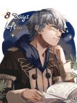  ... 1boy artist_name ashe_duran blue_hair book countdown fire_emblem fire_emblem:_three_houses freckles green_eyes highres leaf male_focus renkkai solo star_(sky) teeth white_background 