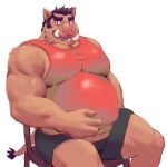 1:1 2019 5_fingers absurd_res anthro belly bottomwear brown_eyes brown_fur brown_hair chair clothing episode0006 fingers fur hair hi_res looking_at_viewer male mammal musclegut muscular muscular_male pecs purple_hair shirt shorts sitting solo suid suina sus_(pig) tank_top topwear tusks wild_boar 