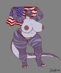  anthro big_breasts breasts clothing dragon female greasymojo hi_res horn huge_breasts nipples open_mouth overweight overweight_female smile solo standing stars_and_stripes thick_thighs underwear united_states_of_america 