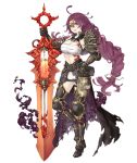  1girl :d ahoge armored_boots boots braid breasts cape dorothy_(sinoalice) full_body gauntlets glasses grey_eyes hair_ornament hairclip hand_on_hip holding holding_weapon huge_weapon ji_no large_breasts long_hair looking_at_viewer mask mask_removed messy_hair midriff official_art open_mouth over-rim_eyewear pouch purple_hair sarong semi-rimless_eyewear shoulder_armor sinoalice smile smoke solo sword tattoo thigh_boots thighhighs torn_cape torn_clothes transparent_background very_long_hair vial waist_cape weapon welding_mask 