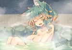  1girl animal_ear_fluff animal_ears blush breasts brown_hair collarbone dated eyebrows_visible_through_hair fang green_eyes green_hair kuromiya kuromiya_raika large_breasts looking_at_viewer multicolored_hair night night_sky nude one_eye_closed onsen open_mouth original partially_submerged sky solo star_(sky) starry_sky steam two-tone_hair water 