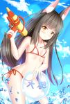  &gt;:) 1girl absurdres animal_ear_fluff animal_ears azur_lane ball bare_arms bare_legs bare_shoulders beachball bikini black_hair blue_sky breasts chinese_commentary cloud collarbone commentary_request cowboy_shot day denfunsan eyebrows_visible_through_hair fox_ears fox_tail highres hime_cut holding holding_ball holding_water_gun long_hair looking_at_viewer nagato_(azur_lane) outdoors sky small_breasts smile smug solo standing straight_hair string_bikini swimsuit tail trigger_discipline wading water water_drop water_gun white_bikini yellow_eyes 
