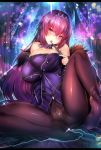  1girl ass bare_shoulders black_legwear blush bodysuit breasts commentary_request eyebrows_visible_through_hair fate/grand_order fate_(series) fur_trim hair_between_eyes hair_ornament half-closed_eyes highres large_breasts long_hair looking_at_viewer no_shoes open_mouth pantyhose purple_hair red_eyes scathach_(fate)_(all) scathach_(fate/grand_order) silly_(marinkomoe) sitting solo teeth 