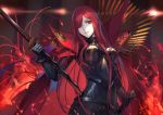  1girl black_bodysuit bodysuit breasts cape commentary_request fate/grand_order fate_(series) fire hair_over_one_eye holding holding_sword holding_weapon long_hair looking_at_viewer maekawa_yuichi medium_breasts oda_nobunaga_(maou_avenger)_(fate) red_cape red_eyes red_hair solo sword weapon 