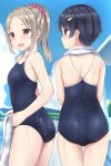  2girls :d ass bangs bare_arms bare_shoulders black_hair black_swimsuit blue_sky blush brown_hair closed_mouth cloud collarbone commentary_request competition_school_swimsuit day eyebrows_visible_through_hair from_behind hair_ornament hair_scrunchie hairclip highres holding holding_towel looking_at_viewer looking_to_the_side mizunashi_kenichi mountainous_horizon multiple_girls open_mouth original outdoors parted_bangs poolside profile purple_eyes scrunchie short_hair silver_hair skindentation sky smile swimsuit thigh_gap towel towel_around_neck water wet 