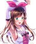  1girl :d a.i._channel absurdres armpits arms_up bangs black_ribbon blush breasts brown_hair collarbone detached_sleeves floating_hair fujimori_shiki green_eyes hairband highlights highres kizuna_ai long_hair long_sleeves looking_at_viewer medium_breasts multicolored_hair neck_ribbon open_mouth pink_hairband ribbon sailor_collar shiny shiny_hair shirt sideboob simple_background sleeveless sleeveless_shirt smile solo striped striped_ribbon swept_bangs upper_body virtual_youtuber white_background white_sailor_collar white_shirt white_sleeves 