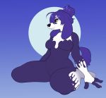  2019 absurd_res anthro black_nose canid canine canis digital_media_(artwork) domestic_dog female hair hi_res kneeling mammal purple_hair simple_background solo takiminada 