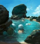  absurd_res ambiguous_gender butt-berry cloud day eyes_closed group happy hi_res nintendo open_mouth outside partially_submerged pok&eacute;mon pok&eacute;mon_(species) rock signature smile squirtle video_games water 