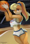  2019 anthro ball basketball_(ball) berruchan blonde_hair blue_eyes buckteeth clothed clothing english_text female gloves hair handwear holding_object lagomorph leporid lola_bunny looking_at_viewer looney_tunes mammal pink_nose ponytail smile solo space_jam teeth text url warner_brothers 