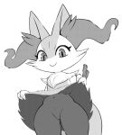  box_(hajimeyou654) braixen canid canine compression_artifacts featureless_crotch female greyscale halftone happy hi_res inner_ear_fluff looking_at_viewer mammal monochrome navel nintendo pok&eacute;mon pok&eacute;mon_(species) raised_hands simple_background smile solo standing stick video_games white_background 