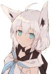  1girl ahoge animal_ear_fluff animal_ears bangs blue_neckwear blush braid ear_piercing eyebrows_visible_through_hair fox_ears green_eyes hair_between_eyes hololive hood hood_down long_hair looking_at_viewer nagishiro_mito neckerchief piercing shirakami_fubuki side_braids simple_background solo twin_braids upper_body virtual_youtuber white_background white_hair 