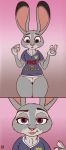  absurd_res anthro clothing disney female fur grey_fur hi_res hyenatig_(artist) judy_hopps lagomorph leporid looking_at_viewer mammal multicolored_fur pink_nose purple_eyes pussy rabbit shirt simple_background smile solo text thick_thighs topwear zootopia 