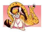  anthro breasts felid feline female lavenderpandy looking_at_viewer lying mammal nude on_front one_eye_closed simple_background smile solo 