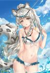  1girl :o animal_ear_fluff animal_ears arknights bangs bare_shoulders belt bikini blue_sky blush braid breasts circlet cleavage cloud collarbone day eyebrows_visible_through_hair frilled_bikini frills grey_eyes hair_between_eyes hand_up highres jewelry leopard_ears leopard_tail long_hair long_sleeves looking_at_viewer medium_breasts navel necklace ocean outdoors ponytail pramanix_(arknights) side_braids signature sky solo stomach sunshine7 swimsuit tail turtleneck twin_braids very_long_hair white_bikini white_hair 