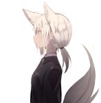  1girl animal_ears bangs black_jacket brown_eyes closed_mouth eyebrows_visible_through_hair fox_ears fox_girl fox_tail jacket long_hair looking_away low_ponytail nagishiro_mito original ponytail profile sidelocks simple_background solo tail tail_raised white_background white_hair 