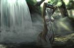  anthro breasts featureless_crotch felid feline female hands_behind_head mammal nipples nude outside shintori solo standing waterfall wide_hips 