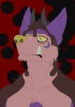  black_horn black_lips bodily_fluids broad_shoulders canid canid_demon cheek_tuft chest_tuft chin_tuft dantalion demon eye_bags fur grumpybluehusky hellhound horn lips looking_up male mammal markings moon_markings muscular muscular_male pecs pink_fur purple_fur red_fur sad simple_background tears thick_neck tuft tusks x_eyes yellow_nose yellow_sclera 