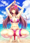  1girl absurdres alternate_costume beach bikini bikini_day bracelet breasts cloud cloudy_sky day fate/grand_order fate_(series) flower gae_bolg hair_flower hair_intakes hair_ornament hibiscus highres jewelry large_breasts leg_garter long_hair looking_at_viewer navel ocean outdoors pink_bikini pole_dancing purple_bikini purple_hair red_eyes scathach_(fate)_(all) scathach_(swimsuit_assassin)_(fate) shirouzu_myuuta sky smile solo sparkle spread_legs squatting swimsuit thighs 