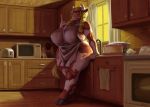  absurd_res anthro apron big_breasts bovid bovine breasts cake cattle clothed clothing detailed_background female food greasymojo hair hi_res horn huge_breasts inside kitchen looking_at_viewer mammal oven overweight overweight_female solo standing window 