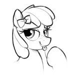  2019 accessory apple_bloom_(mlp) black_and_white bodily_fluids drooling earth_pony equid equine female feral friendship_is_magic hair_accessory hair_bow hair_ribbon hi_res horse looking_at_viewer mammal monochrome my_little_pony pony ribbons saliva selenophile solo tongue tongue_out 