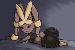  anthro butt clothed clothing female fur kierus lagomorph looking_at_viewer lopunny mammal nintendo pok&eacute;mon pok&eacute;mon_(species) red_eyes simple_background smile solo video_games 