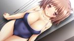  1girl :o blue_swimsuit blush breasts brown_eyes brown_hair cleavage competition_swimsuit covered_navel dutch_angle eyebrows_visible_through_hair game_cg huge_breasts koku looking_at_viewer mafuka_nemuru official_art one-piece_swimsuit realive short_hair solo swimsuit thigh_gap 