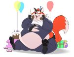  anthro artfulreggie balloon belly big_belly birthday birthday_cake cake candle canid canine chubby_cheeks clothed clothing doughnut eating food fox fur gift hat headgear headwear holding_food holding_object jargonicedragon male mammal midriff moobs necktie obese obese_male open_mouth open_smile orange_fur overweight overweight_male sitting smile solo straining_buttons thick_thighs white_fur 