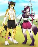  2019 4_toes 5_fingers anthro barefoot black_hair breasts canid canine canis cheetah clothed clothing day detailed_background digital_media_(artwork) digitigrade duo felid feline female fingers green_eyes hair male mammal outside sky standing toes topless wolf wolflady 