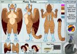  2019 anthro avian beak breasts butt digital_media_(artwork) feathered_wings feathers female fur grumpy_griffin_creations_(artist) gryphon hair looking_at_viewer mazzy_techna model_sheet nude simple_background smile solo standing text wings 