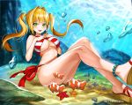  1girl ahoge artist_name artist_request bangs bare_arms bare_legs bare_shoulders bikini blonde_hair breasts bubble cleavage clownfish commentary_request criss-cross_halter eyebrows_visible_through_hair fate/extra fate/grand_order fate_(series) fish green_eyes hair_between_eyes hair_intakes halterneck highres large_breasts long_hair looking_at_viewer nero_claudius_(fate) nero_claudius_(fate)_(all) nero_claudius_(swimsuit_caster)_(fate) side-tie_bikini smile solo striped striped_bikini swimsuit twintails underwater water 