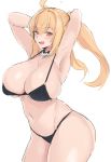  1girl absurdres ahoge armpits arms_behind_head bikini black_bikini blonde_hair breasts cleavage commentary_request cowboy_shot highres large_breasts long_hair maruya1006 navel open_mouth orange_eyes original swimsuit white_background 